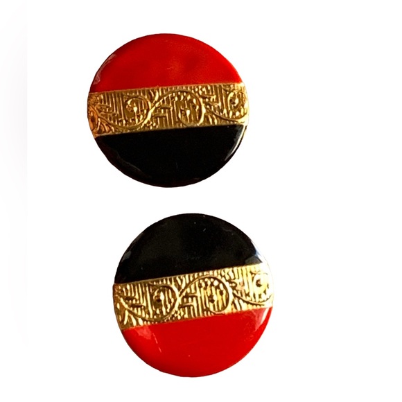 Vintage Light Weight Black Red Gold Plated Enamel Round Clip Earrings Jewelry - Picture 2 of 6